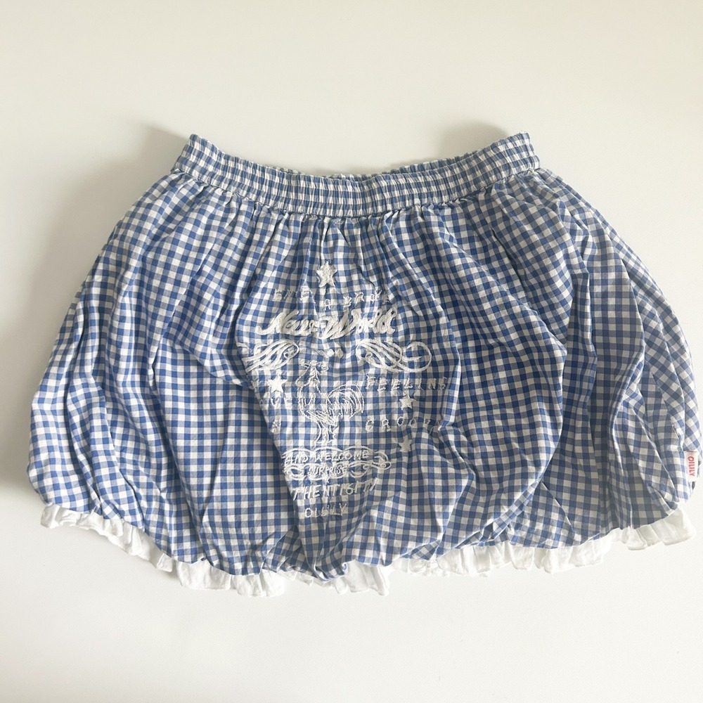 Oilily Girls Blue Gingham Embroidered Rooster‎ Cottagecore Bubble Skirt Size 8